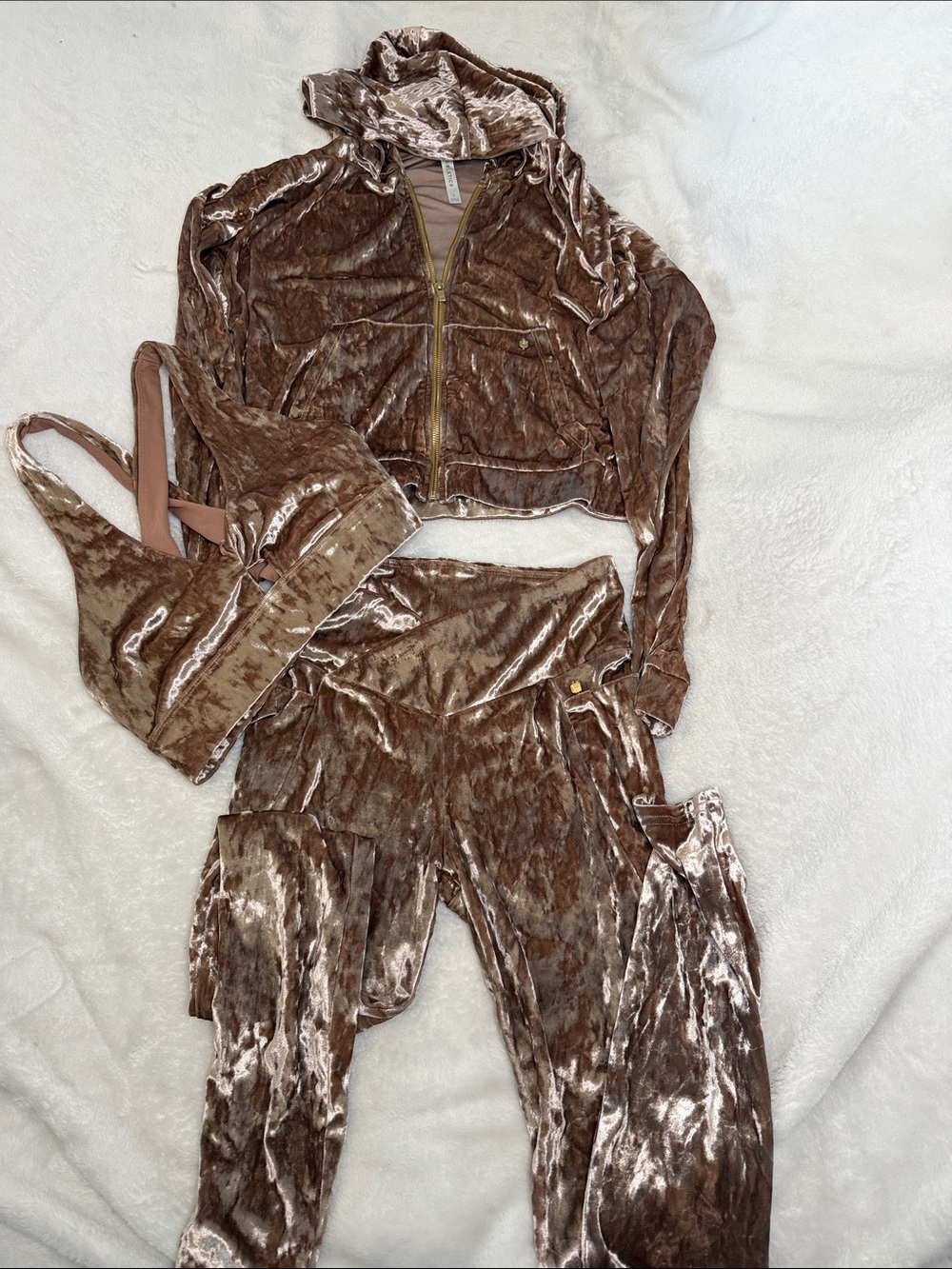 Fabletics Crushed Velvet Hooded Zip Crop Jacket & High-Waist Joggers - Brown